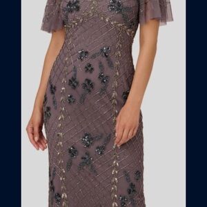 Adrianna Papell Embellished Midi Dress in Gray and Gold